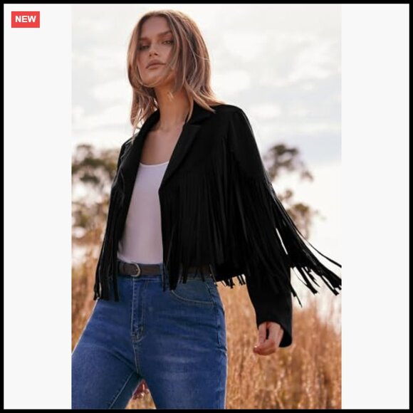 Faux Suede Fringe Cropped Jacket Motorcycle Biker Chic Fall Fashion - Picture 3 of 7